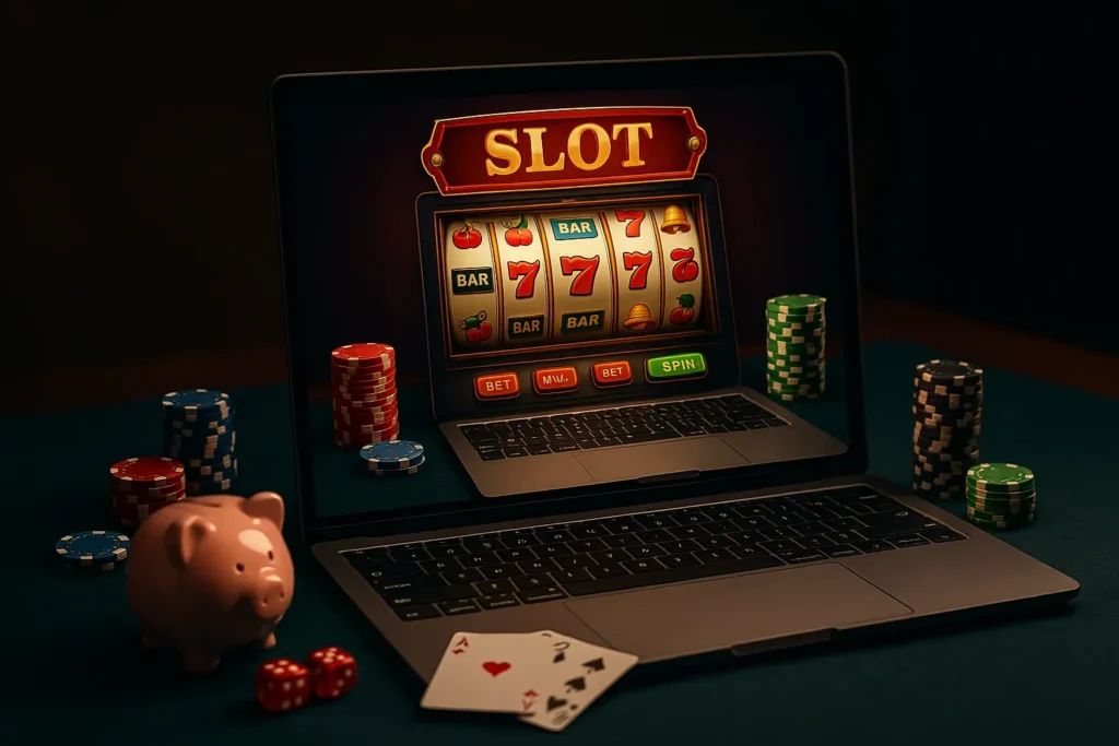 Online casino med spilleautomater på laptop og pokerchips på bordet